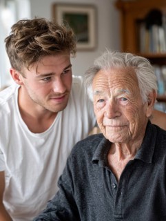 A young carer lovingly looks after a senior in an old people's home, nursing home, symbolic image