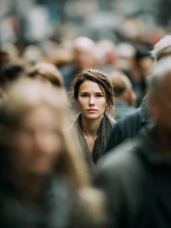 A woman stands in the middle of a crowd, symbolising mental health, stress in the big city,