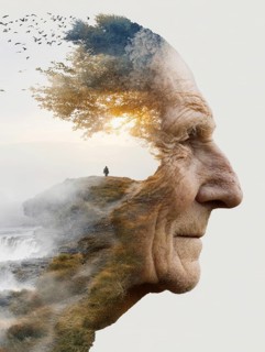 Double exposure of an elderly man and decaying parts of a landscape, symbolic image for memory