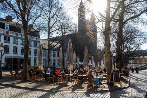 Square with cafes and shops in the old town of Maastricht, the Netherlands