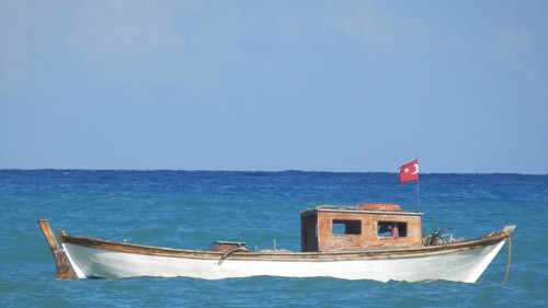 A small boat with a Turkish flag rocks calmly on the sea under a clear blue sky, Turkish Aegean