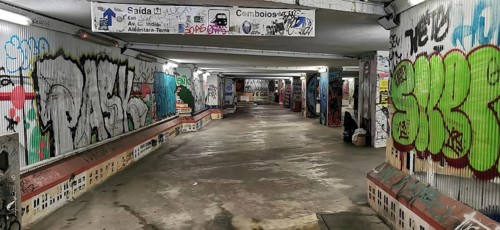 Graffiti-decorated tunnel with colorful murals and urban atmosphere, subway station, Lisbon,