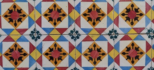 Close-up of decorative, geometrically patterned colorful ceramic tiles, Lisbon, Portugal