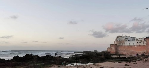 Evening on the coast with city walls of Essaouira, people standing on rocks and gentle waves at