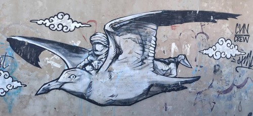 Graffiti of a seagull (larinae) with a human figure on a wall, surrounded by stylised clouds,