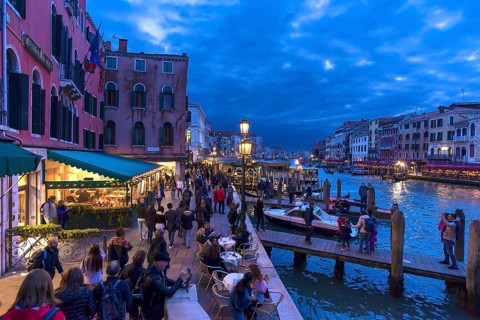 View of the Grand Canal from the Rialto Bridge in the evening, Venice, Veneto, Italy