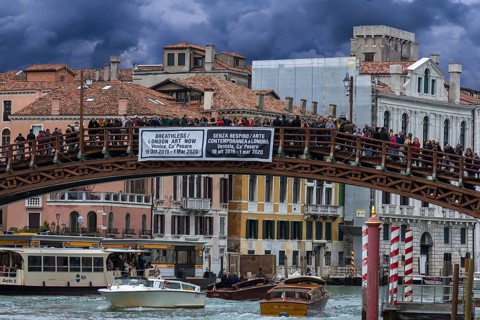 Crowds of tourists on the Ponte dell'Accademia in high season, Venice, Veneto, Italy