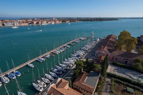 View of the marina and monastery garden from the church of San Giorgio Maggiore, Venice, Veneto,