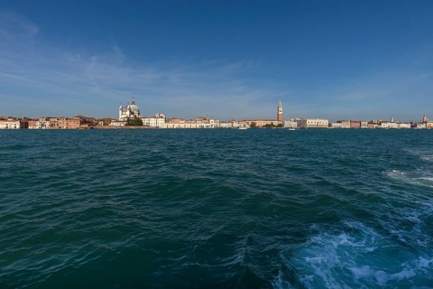 View of Venice with Santa Marial della Salute and St Mark's Tower, Venice Lagoon in front, Venice,