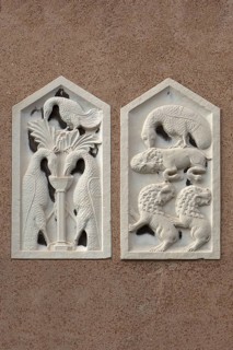 Animal reliefs on a house wall, Venice, Veneto, Italy