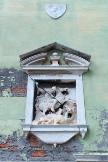 Sculpture of Saint George with the dragon on a house wall, Venice, Veneto, Italy