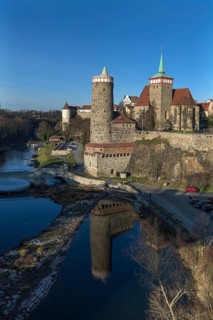 View of the historic city wall with towers of the old town, below the Spree, Bautzen, Upper