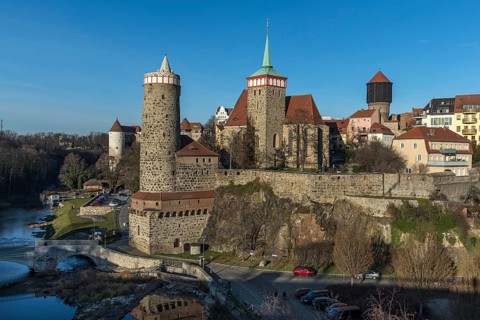 View of the historic city wall with towers of the old town, below the Spree, Bautzen, Upper