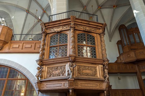 Prince's lodge from 1674 in St. Peter's Cathedral, Simultankirche, Bautzen, Upper Lusatia, Saxony,