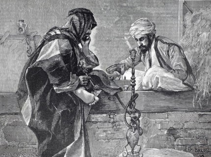 Arabian donkey drivers playing chess and smoking hookah in a coffee house, authentic, digitally