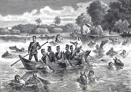 Guard swimming exercises, cavalry in a river crossing near Potsdam, 1891, authentic, digitally