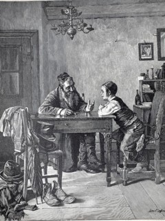 Arithmetic lessons at home, father gives son tutoring in mathematics at the kitchen table, 1891,