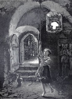 To ring prayer, girl pulls a bell rope to ring, 1890, authentic, digitally restored reproduction