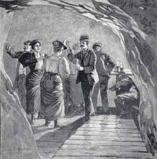 Day trippers at the source of the Tamina, river in the Swiss canton of St. Gallen, authentic,