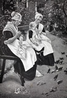 Orphan girl embroidering and sewing, after a painting by M. Liebermann, 1891, authentic, digitally