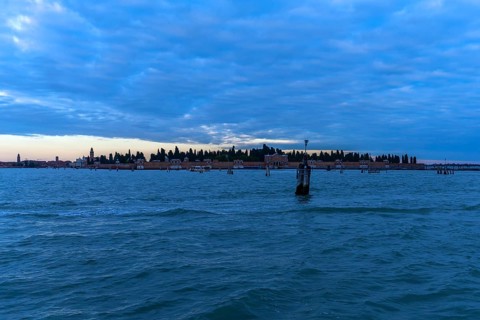 San Michele Cemetery in the Venetian Lagoon at dusk, Venice, Veneto, Italy