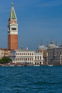 St Mark's Tower and domes of St. Mark's Basilica, in front of the Grand Canal, Venice, Veneto,