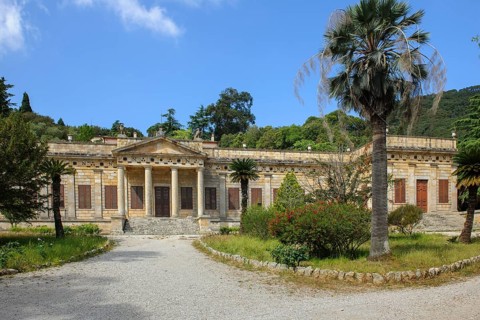 View of main entrance with staircase and columned portal of historic Villa San Martino residence of