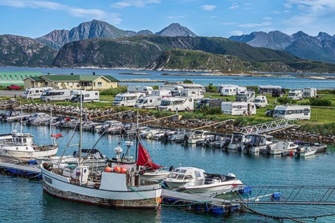 Harbour and campsite, camper vans, Sommaroy Island, Norway