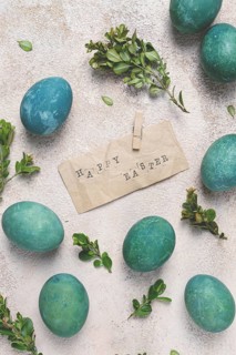 Easter eggs, green, staple text, boxwood, retro, top view