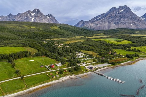 Campsite at Svensby, Lyngen peninsula, Lyngen Alps, aerial view, Norway
