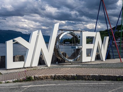 Letter sculpture with the name of the village of Lyngen, Lyngen Alps, Norway