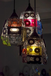 Lamps made from old tape cassettes, bar in Venice, Veneto, Italy