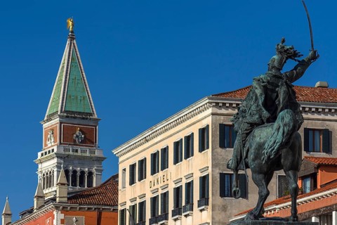 Spire of St. Mark's Campanile, in front the equestrian statue of Victor Emmanuel II, 1820-1878,
