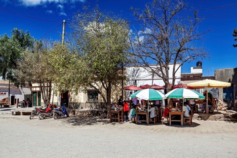 Street scene with people under colorful umbrellas at dining tables surrounded by trees and