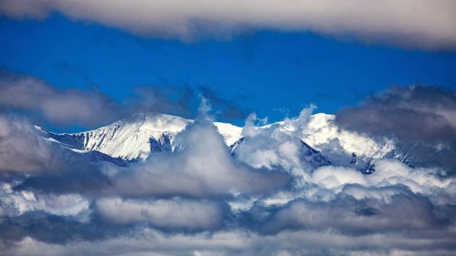 Snow-capped mountains rise through cloud cover under a clear blue sky, The snow-capped peaks of the
