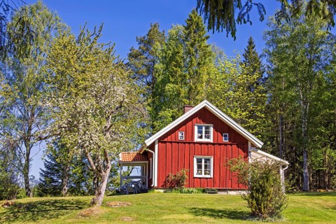 Charming red wooden cottage surrounded by vibrant spring greenery, blooming trees under a clear
