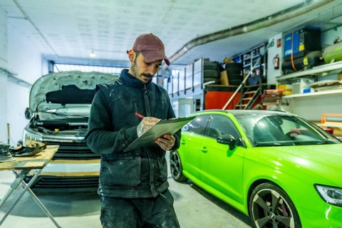 Mechanic with tattooed arms checks inspection checklist on a clipboard in a busy auto body and