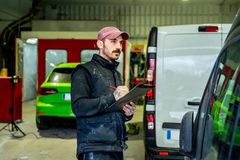 Auto body shop technician checking details on a white van and a green car in the background,