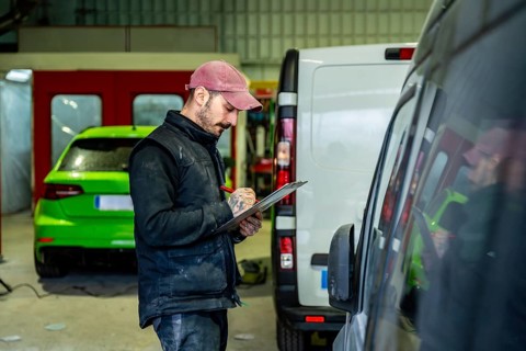 Auto body technician wearing a cap and vest carefully inspecting a vehicle and writing notes on a