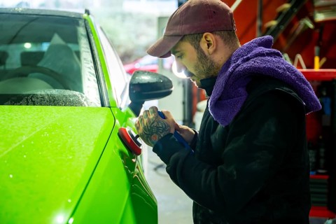 Mechanic meticulously polishing a vibrant green car body with a rotary polisher, improving its