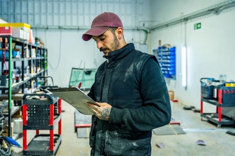 Male technician wearing a cap and vest standing in an automotive workshop, holding a clipboard and