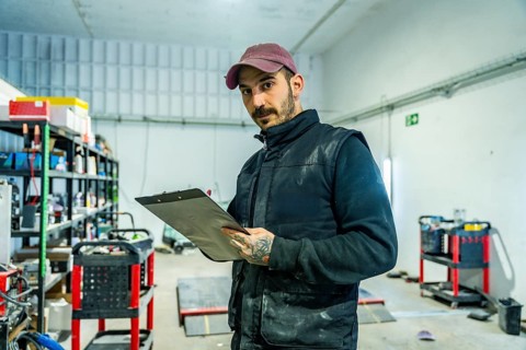 Auto body shop worker inspecting a vehicle or damage with a clipboard in a professional garage