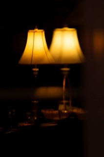 Reflection of lamps in a living room window, Region of la Mauricie, Province of Quebec, Canada