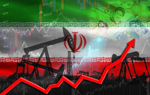 Oil production with Iran flag, petrol industry. Oil pumps with Iran flag