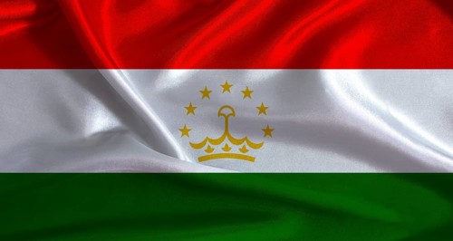 Tajikistan flag with cloth textured background. National flag of Tajikistan with realistic texture