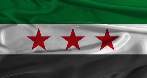 Flag of Syria with fabric textured background. Close up of National flag of Syria with realistic