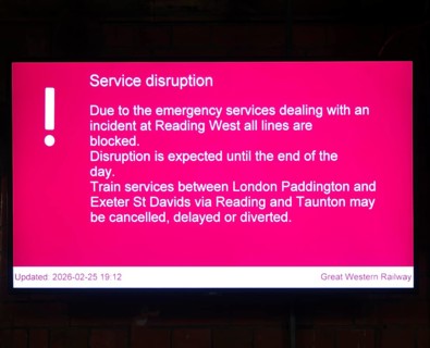 Service Disruption electronic noticeboard sign all railway lines blocked, Westbury railway station,
