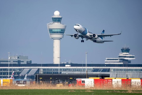 Egyptair Airbus aircraft takes off from Kaagbaan runway, 06/24, at Amsterdam Schiphol Airport, AMS,
