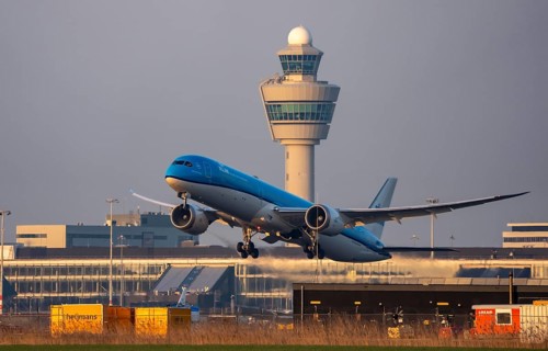 KLM Boeing 787-10 Dreamliner, aircraft taking off from Kaagbaan runway, 06/24, at Amsterdam