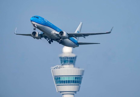 KLM Boeing 737, aircraft taking off from Kaagbaan runway, 06/24, at Amsterdam Schiphol Airport,